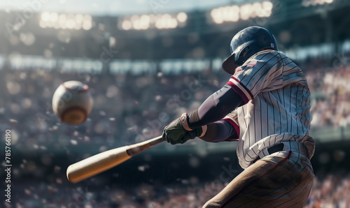 A close-up action shot of a worn baseball mid-flight with dirt particles scattering against a blurred backdrop of a focused batter ready to swing.
