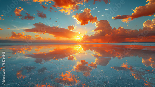 salt flat landscape at sunset, with a mirror reflection of water on the floor  photo