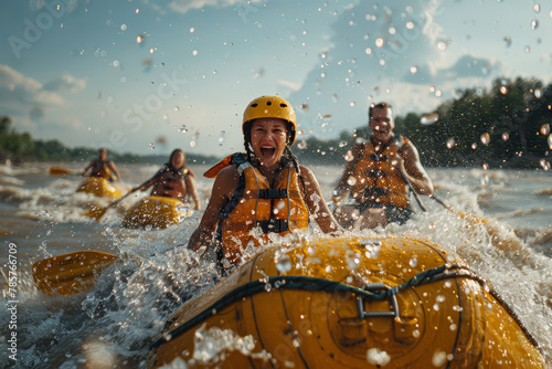 Fototapeta Naklejka Na Ścianę i Meble -  Parents and kids embarking on a thrilling whitewater rafting adventure, navigating rapids and splashing through waves. Concept of adrenaline-fueled family bonding during vacation. Generative Ai.
