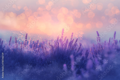 Captivating digital art of a lavender field at sunset, evoking tranquility with gentle hues of purple and blue, subtle gradients, and delicate textures.