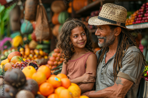 A family exploring a vibrant local market together, sampling exotic fruits and browsing handmade crafts under the warm sun. Concept of cultural immersion and family adventure. Generative Ai.
