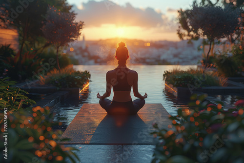 A person practicing yoga on a sun-drenched terrace, finding inner peace and balance amidst the urban hustle and bustle. Concept of holistic wellness and urban lifestyle. Generative Ai. © Sebastian