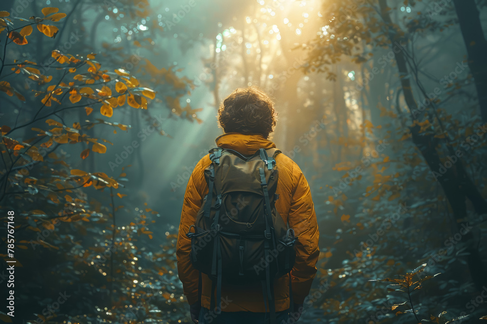 An individual practicing mindfulness in nature, taking mindful walks in the forest and connecting with the natural world. Concept of eco-conscious living and mental wellness. Generative Ai.