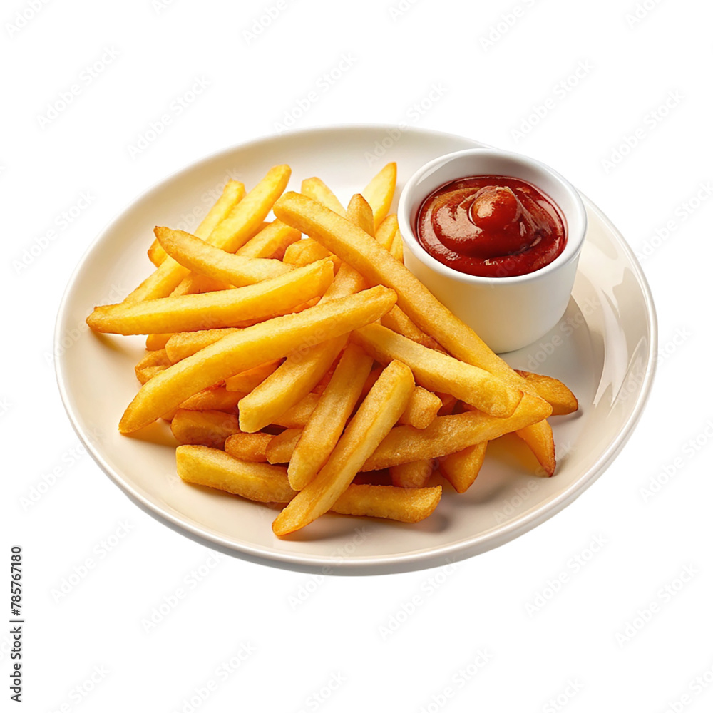 Plate of french fries and ketchup isolated on transparent background Plate of french fries and ketchup isolated on transparent background