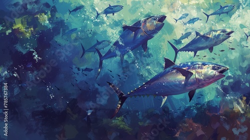 School of tuna fish navigating the deep ocean blues, amidst the painted light filtering through the surface, World Tuna Day, May 2 © AIchemist