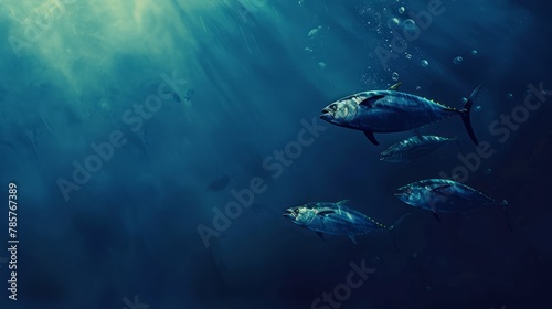 A serene underwater ballet of tuna species swimming through sunbeam-filled ocean depths, World Tuna Day, May 2 © AIchemist