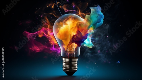 A creative light bulb exploding with colorful paint and splashes against a black background. Illustrating the concept of thinking differently and creative ideas. photo