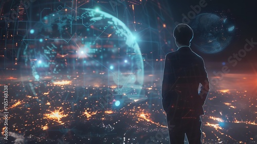 A businessman interfaces with a global network and data exchanges, representing the innovative potential of future generation technologies like the Metaverse and AI