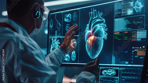 A cardiologist examines patient heart functions and blood vessels using a virtual interface, addressing cardiovascular diseases with advanced medical technology