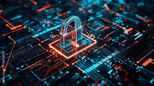 A digital padlock icon symbolizes cyber security and network data protection technology, featuring a virtual interface dashboard for online privacy and business data security photo