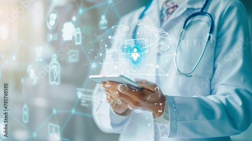 A doctor holds an icon representing health and an electronic medical record on a virtual interface, discussing digital healthcare and network connections  photo