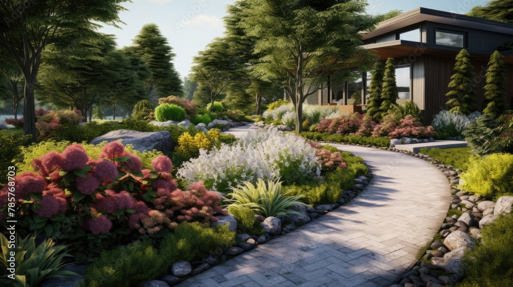 Fototapeta premium Landscape design with flowers, beautiful residential