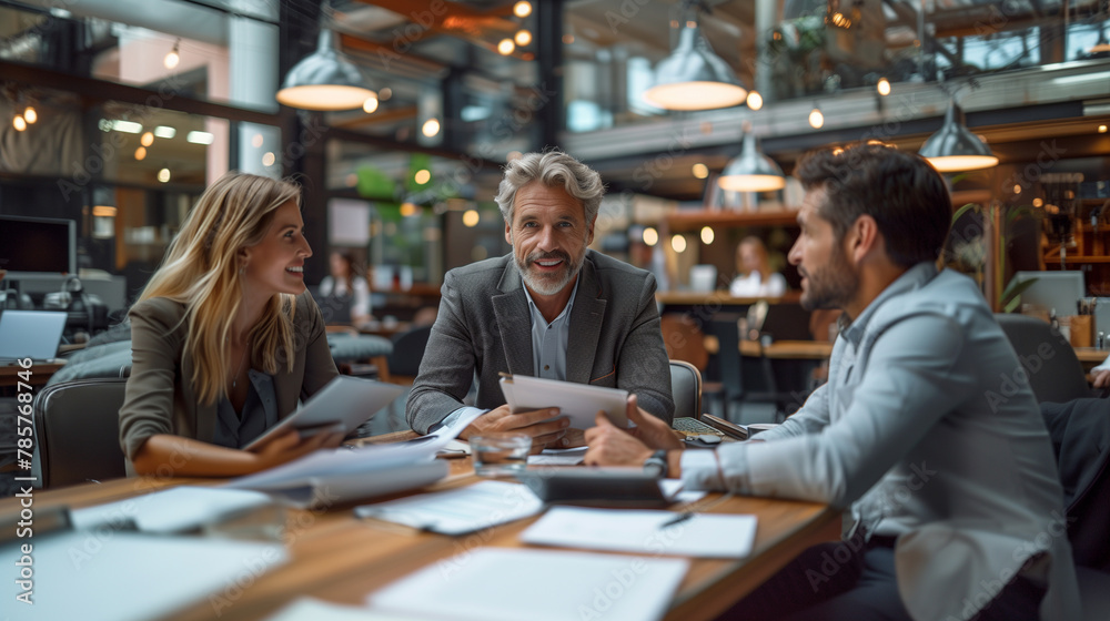 Three business people are sitting at a table in an office talking and working. Teamwork Three business people are sitting at a table in an office talking and working. Teamwork