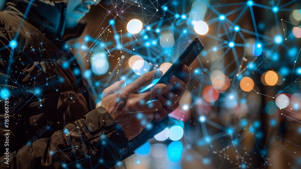 A man utilizes a mobile smartphone with global network connections, highlighting technology, innovation, and communication A man utilizes a mobile smartphone with global network connections, highlighting technology, innovation, and communication