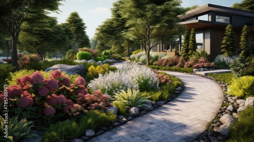 Landscape design with flowers, beautiful residential