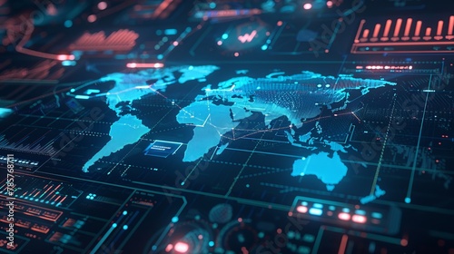 A HUD UI displays a futuristic user interface with 3D global world maps and business data charts, illustrating advanced technology solutions for business analytics photo