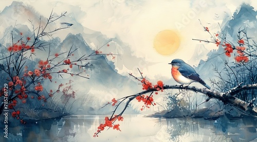 Watercolor painting of bamboo, water and trees Generative Al	
