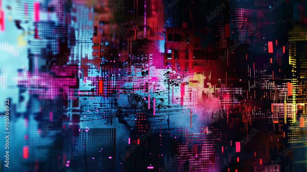 An abstract digital image shows a unique design with pixel noise and glitch effects, suggesting video damage