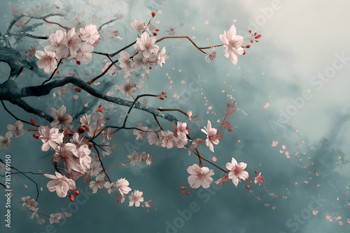 Mesmerizing digital painting of cherry blossoms, celebrating their delicate elegance. Minimalist composition with clean lines captures the essence of grace and simplicity.