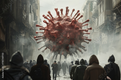 An illustration of a virus spreading through a population, symbolizing the rapid transmission of infectious diseases. Concept of epidemic outbreaks and contagion. Generative Ai.
