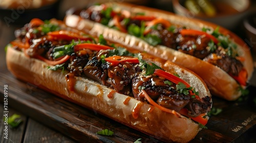 Savory Banh Mi Trio: Pork, Beef & Grilled Delights. Concept Vietnamese Cuisine, Sandwich Trio, Protein Options, Delicious Marinades, Grilled Flavors