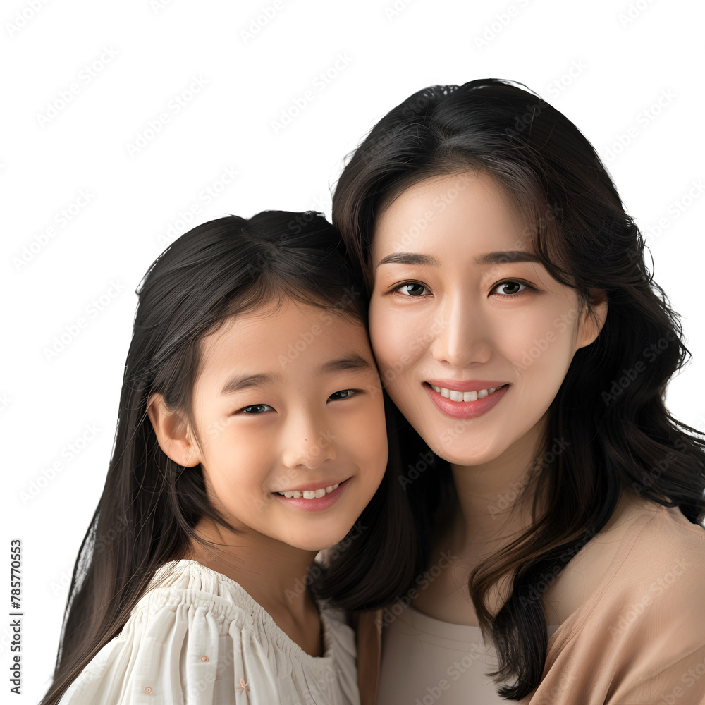 Asian Mother and Daughter’s Half Body Portrait for Mother’s Day, Isolated on Transparent Background, PNG