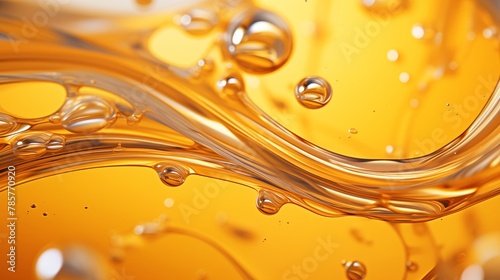 Dynamic and Glossy Golden Fluid with Bubbles Captured in Close-up