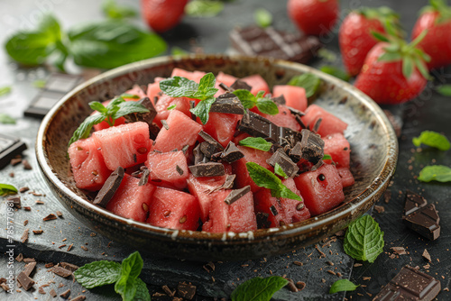 A refreshing watermelon salad served with a side of bitter dark chocolate bark, offering a surprising yet satisfying flavor combination. Concept of summertime desserts and creativity. Generative Ai.