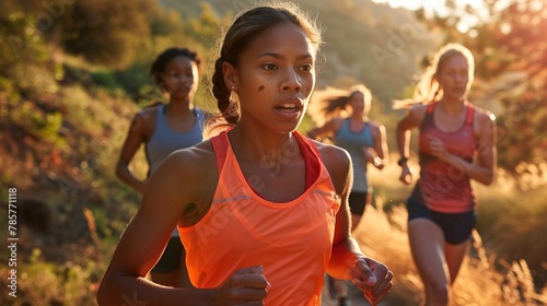 A group of women are running in a field
