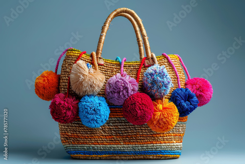 A handwoven straw tote bag adorned with colorful pom-poms, perfect for a day at the beach or a weekend getaway. Concept of summer fashion and resort wear. Generative Ai.