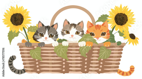 Adorable kittens playing in a basket of sunflowers 
