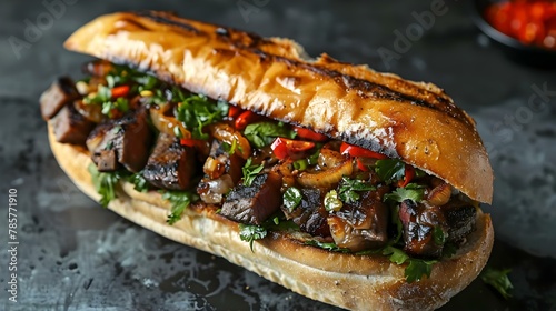 Savory Grilled Beef & Pork Belly Banh Mi Delight. Concept Vietnamese Cuisine, Grilled Meats, Street Food, Sandwiches, Food Photography photo