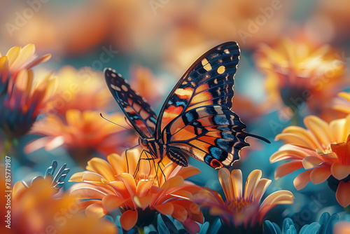 A butterfly fluttering among colorful flowers, epitomizing the freedom of movement and transformation. Concept of liberation and metamorphosis. Generative Ai.