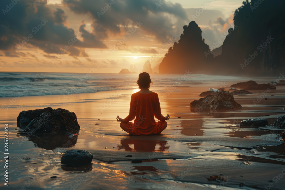 A person practicing yoga on a serene beach, experiencing the freedom of mind and body. Concept of inner peace and liberation. Generative Ai.