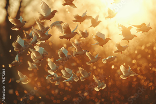 A flock of birds soaring in formation across the sky, symbolizing the freedom of collective movement and coordination. Concept of communal liberation and unity. Generative Ai.