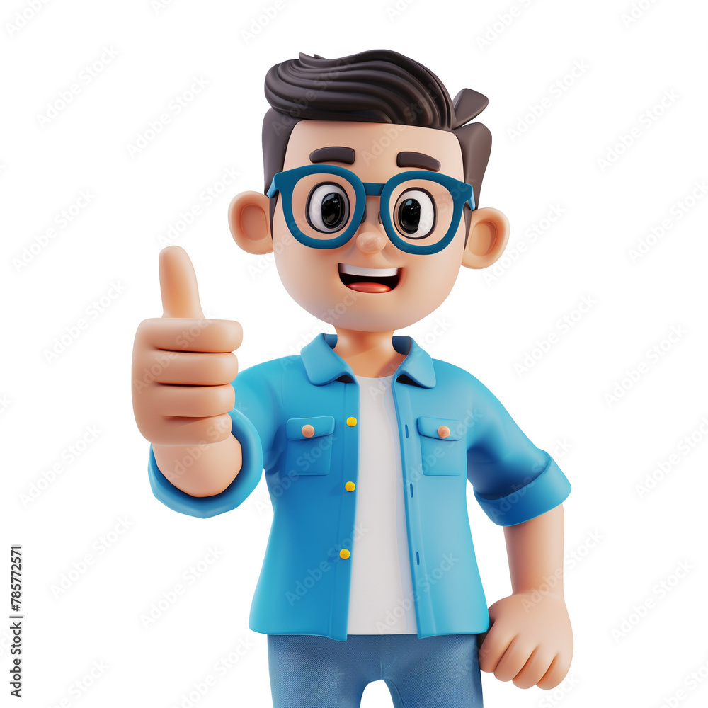 Office guy with glasses showing thumbs up, student, cartoon style, 3d render isolated transparent
