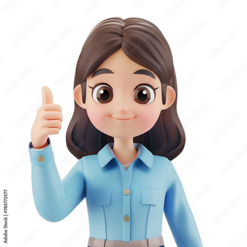 Office girl in blue shirt and dark hair showing thumbs up, student, cartoon style, 3d render isolated transparent