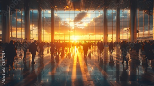 A view from the window of an airplane on an airport  with planes waiting for passengers in the background  with a beautiful sunset light.