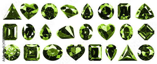 Illustration set of precious stones of different cuts. Popular low poly colored gems cuts set gradation.  In the shape of a circle  triangle  drop  heart  rhombus  square  oval. Decorative luxury real