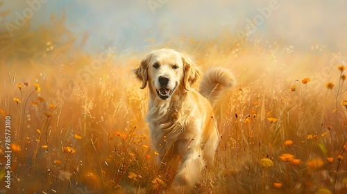 Golden retriever in sunlit field, oil painting effect, eye-level, vibrant colors, soft edges. 