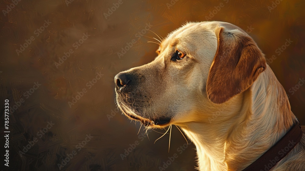 Loyal labrador, oil painting effect, sunset light, profile view, golden hues, expressive eyes. Loyal labrador, oil painting effect, sunset light, profile view, golden hues, expressive eyes.