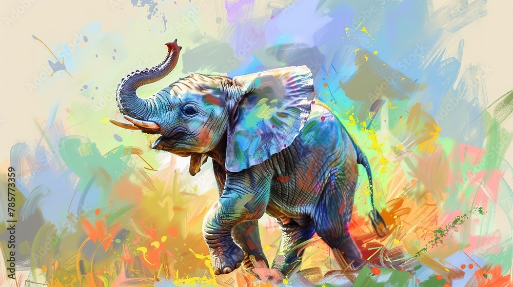 Playful baby elephant, oil painting look, bright daylight, dynamic angle, vibrant colors. 