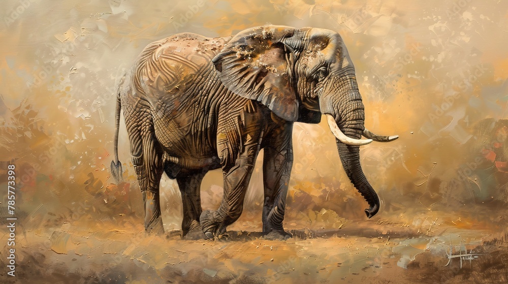 Matriarch elephant, oil painting style, dignified pose, soft backlight, muted earth tones. - obrazy, fototapety, plakaty 