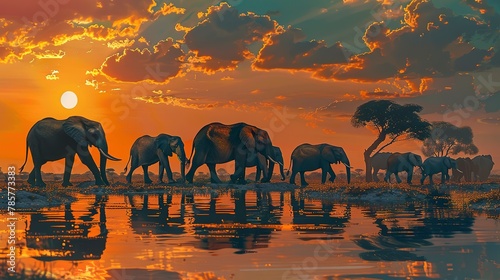 Elephant herd at waterhole, oil paint feel, sunset glow, panoramic view, warm palette, peaceful.
