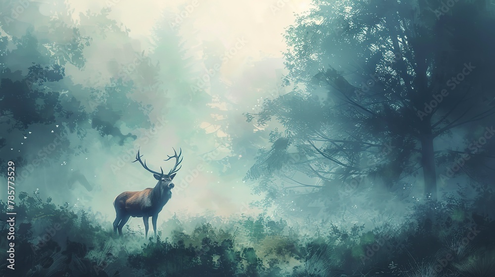 Majestic stag in misty forest, oil painting effect, dawn light, serene aura, soft greens.  - obrazy, fototapety, plakaty 