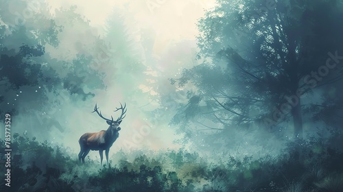 Majestic stag in misty forest, oil painting effect, dawn light, serene aura, soft greens.  photo
