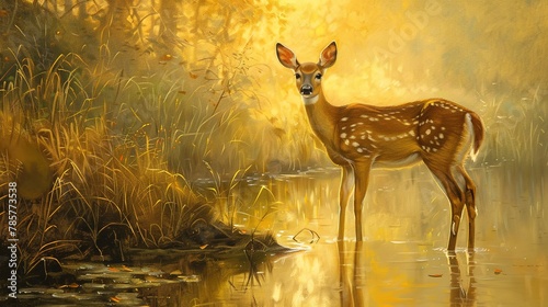 Graceful doe by riverside, oil paint style, gentle morning glow, tranquil pose, reflective water.