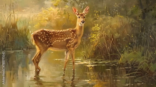 Graceful doe by riverside, oil paint style, gentle morning glow, tranquil pose, reflective water.  © Thanthara