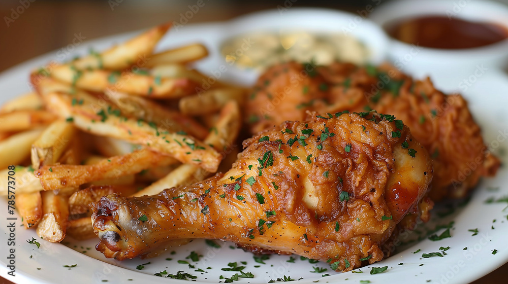 grilled chicken wings, legs and thighs with fries - obrazy, fototapety, plakaty 