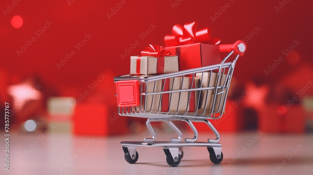 A shopping cart filled with presents, featuring gift boxes adorned with red bows. A minimal concept for Christmas and New Year sale. Gifts in a toy shopping cart.
